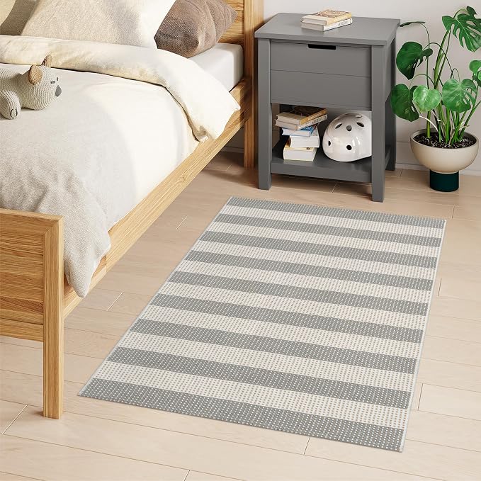 Grey and White Striped Rug-3x5 Front Door Mat Outdoor,Washable Reversible Porch Rug Cotton Hand-Woven Spring Doormat, Foldable Layered Door Mats for Entryway/Farmhouse
