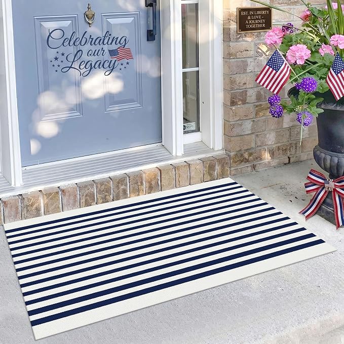 KILOCOCO Blue and White Striped Rug 2.3'x3.6' Washable Front Door Mat | Indoor Outdoor Rugs, Cotton Striped Layered Doormats, Low Pile Front Porch Rug, Woven Mat for Independence Day Decor