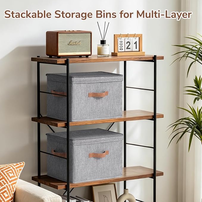 CHICVITA 4-Pack Medium Fabric Storage Bins with Lids for Closet,Grey | 15" x 9.8" x 10.2" Closet Storage Bins with Durable Support Plate, Toy Storage with Handles for Playroom
