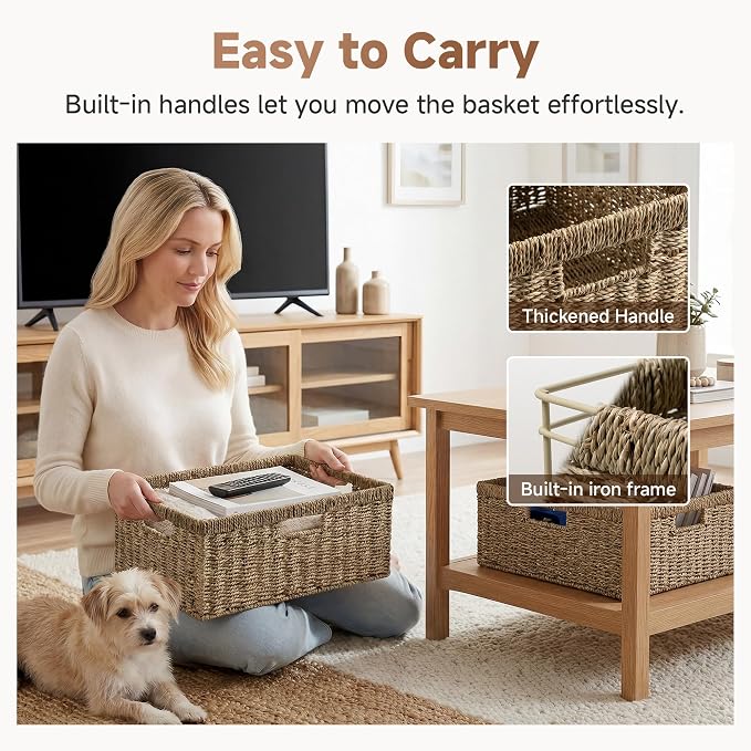 StorageWorks Extra Large Wicker Basket,Seagrass Storage Basket,1-Pack | Seagrass Baskets with Handles,Wicker Baskets for Organizing,Wicker Storage Baskets for Shelves,Woven Basket for Storage