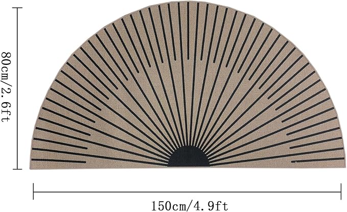 Easy Jute Rug 2.6x5Ft Half Circle Sunshine Doormat Neutral Faux Jute Indoor Outdoor Carpet for Farmhouse Bedroom Entrance Balcony Kitchen Laundry Room, Nonslip, Half Round, Black 7