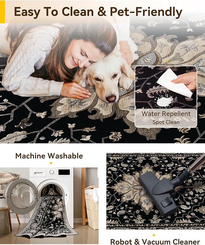 Area Rugs 7'x9' Washable Non-Slip, Floral Vintage Distress Print Pattern Medallion Carpet for Living Room Bedroom Dining Room, Black Brown Neutral Dark Tan