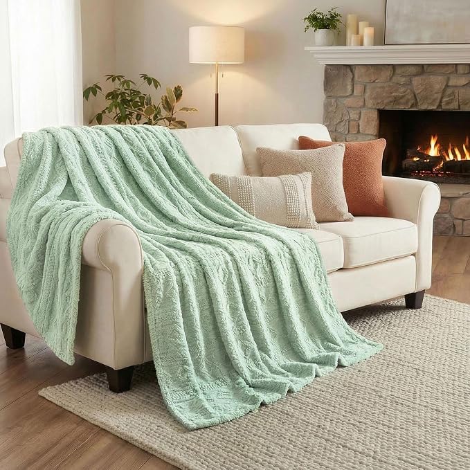 SUPERIOR Fleece Boho Jacquard Blanket, Decorative Blankets for Bedroom, Sofa, Fuzzy, Plush, Fluffy, Soft, Cute Room Decor, Beautiful Cover, Comfort Essentials, Arctic Collection, King, Sea Foam