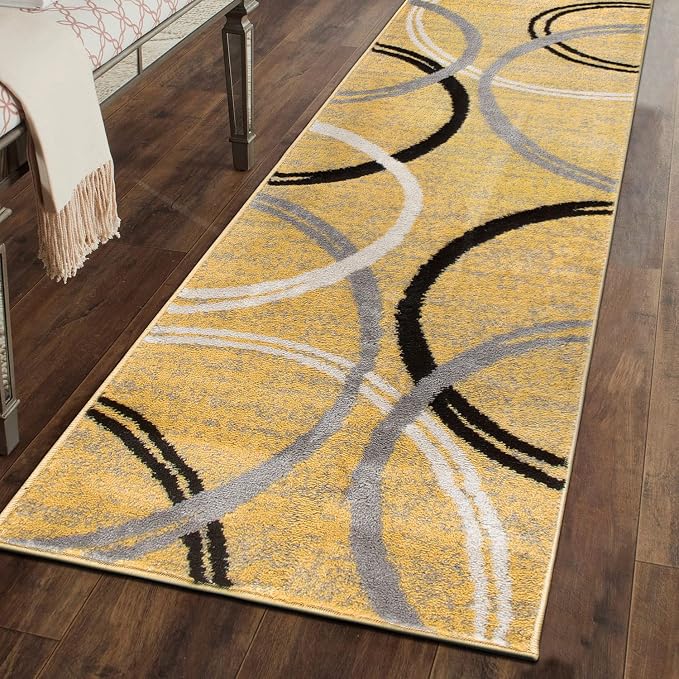 Rugshop Wavy Circles Fade-Resistant Living Room Runner Rug Yellow 2' x 7'2" | Rectangular, Size 2' x 7'2", Bedroom, Dining Room, Home Office, Kitchen, Entryway, Hallway, Nursery, Kids Room, Guest Room
