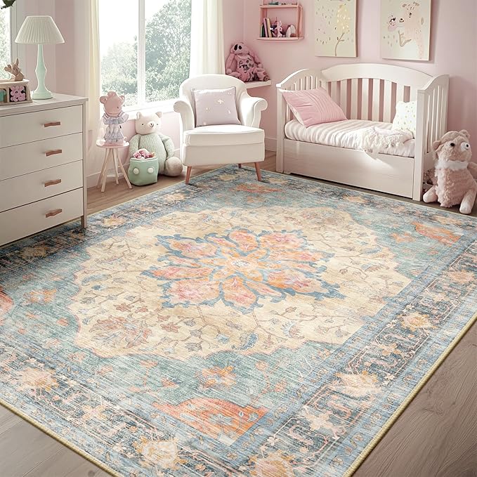 RELEANY Area Rugs 5'x7' Washable Non-Slip, Floral Vintage Distress Print Pattern Medallion Carpet for Living Room Bedroom Dining Room, Blue Orange Red