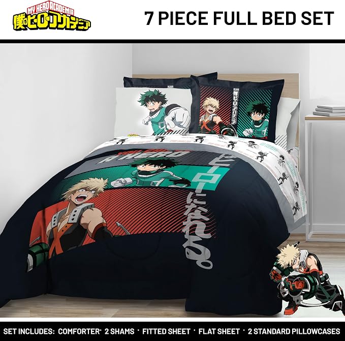 My Hero Academia Deku Full Comforter Set 7 Piece Anime Bedding, Black | Bed in a Bag, Comforter Sheets Shams Pillowcases, Official Product, Soft Microfiber, Machine Washable, Kids Gift