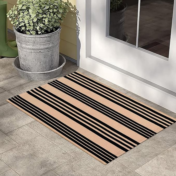 LEEVAN 2'X3' Black and Tan Striped Woven Cotton Reversible Outdoor Rug | Small Machine Washable Front Porch Rug, Entryway Door Mat, Indoor Layering Carpet for Farmhouse Bathroom Laundry