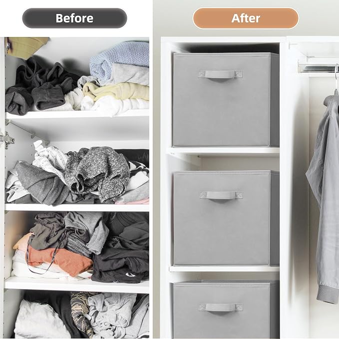 STORAGE MANIAC Storage Cubes, 13 Inch Collapsible Storage Bins with Handles, 4 Pack Fabric Foldable Bins for Organization, Durable Storage Bins for Closet, Shelves, Offices, 4-Pack Grey