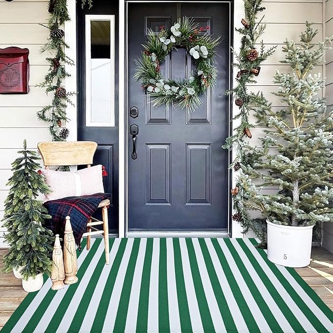 Green & White Striped Rug, 3' x 5' Indoor/Outdoor Area Rug for Front Porch, Entryway, Machine Washable Cotton Woven Welcome Door Mat
