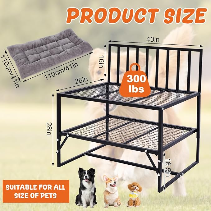 Leinuosen Adjustable Bedside Dog Bed for Large Dogs, 44"x39" Metal Co Sleeper Frame with Storage Shelf, Washable Cushion, 300 lb Capacity, Black
