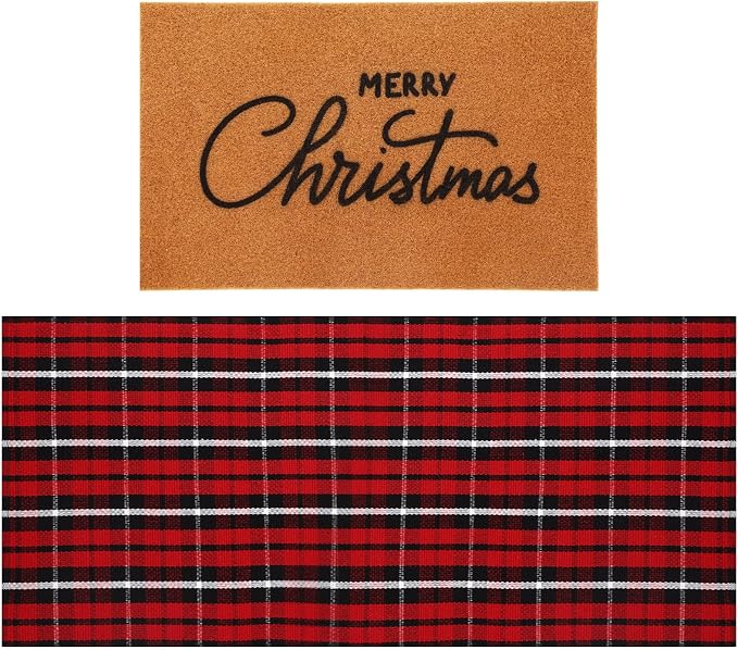 2 Pcs Outdoor Door Mat Combo Set Layered Outdoor Rug and Coir Welcome Doormat Non Slip Outside Floor Mat for Front Porch Entryway Patio Yard Decor(Merry Christmas,24'' X 51',18'' X 28'')