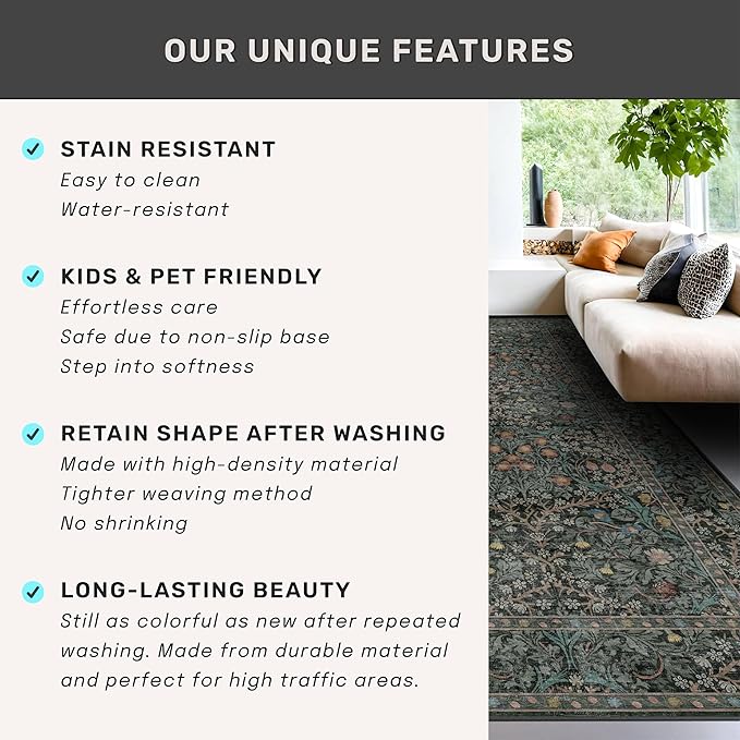 Hazo Haus Washable Dark Green 2x10 Runner Rug for Hallway, Kitchen, 10 ft Non Slip Stain Resistant Extra Long Soft Rugs, Vintage Floral Unique Botanical Floor Mat