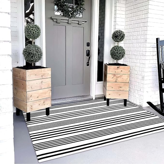 OJIA Black and White Outdoor Rug 3' x 5', Machine Washable Front Door Mats Outdoor, Cotton Hand-Woven Striped Porch Rug Entryway Rug Indoor/Outdoor Area Rug Floor Mat for Farmhouse/Living Room | Front Door Mats Outdoor Mat Cotton Woven Striped Porch Ru...