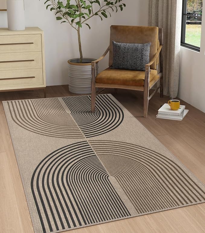Rugalia Easy Jute Small Outdoor Patio Rug, 3x5 Boho Rainbow Entryway Rug Washable Non-Slip Modern Kitchen Rugs, Neutral Farmhouse Abstract Throw Carpet for Outdoor Living Room Porch Backyard