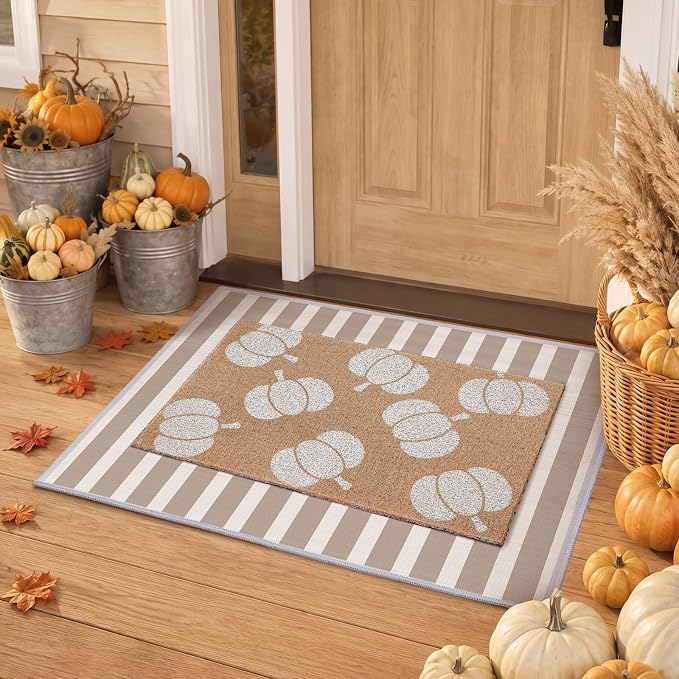 2Pcs Fall White Pumpkin Doormats Autumn Buffalo Plaid Striped Door Mats Set Outside Inside Entrance Porch Rugs Durable Scraping Wire Loop Crystal Velvet Floor Mat for Thanksgiving Decor 24x32
