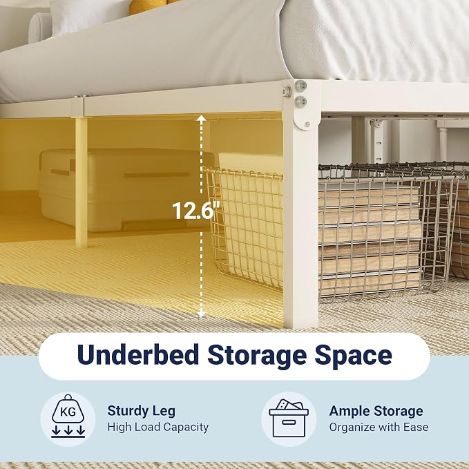 Allewie Queen Bed Frame, 14 inch Metal Beds with Storage Space, Beige | Heavy-Duty Metal Platform Beds, Large Under-Bed Storage Space, No Box Spring Needed, Easy Assembly