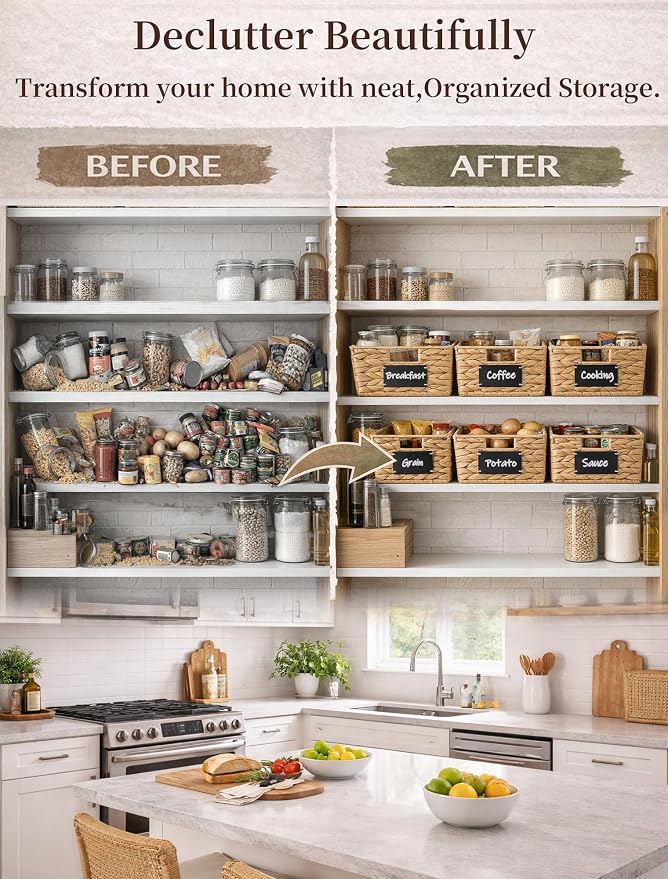 Pantry Baskets, 3 Pack Wicker Storage Baskets for Shelves, Natural | Water Hyacinth Baskets for Organizing, 3-Size Pantry Bins with Chalkboard and Marker for Shelf, Snack, Kitchen, Bathroom