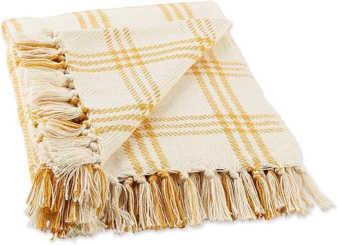 DII Modern Farmhouse Plaid Collection Cotton Fringe Throw Blanket, 50x60, White/Honey Gold