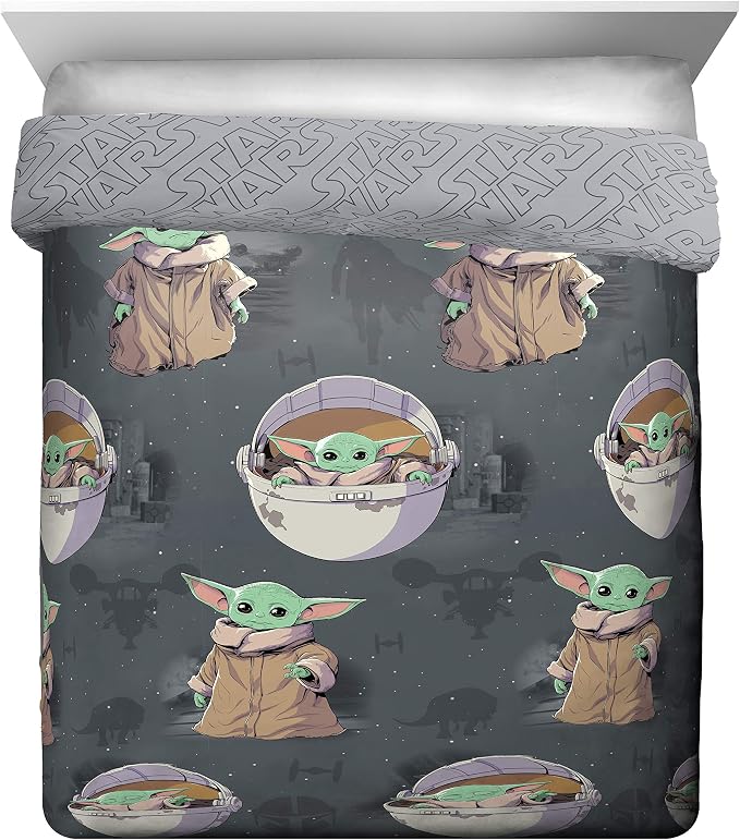 Star Wars Mandalorian Grogu Queen Comforter Set 5 Piece Bedding, Gray | Baby Yoda, Comforter Sheets Pillowcases, Official Product, Soft Microfiber, Machine Washable, Easy Care, Kids Gift