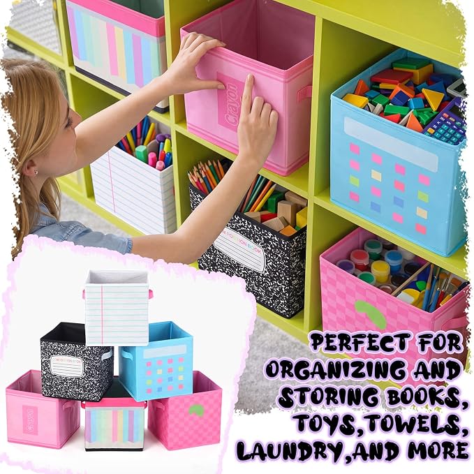 Kathfly 6 Pcs 11" Back to School Pastel Fabric Classroom Storage Bins Cubby Bins Storage Baskets with Handles for School Classroom Lost and Found Decor Office Home Organizer Supplies