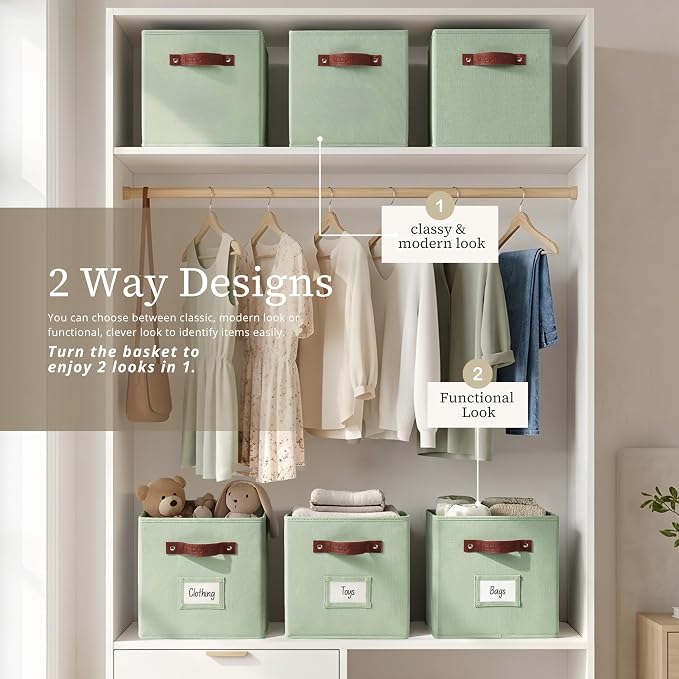 DECOMOMO Storage Bins, Cube Storage Bin with Labels | 10.5" x 11" Fabric Storage Cubes for Shelves (6pcs, Sage Green)