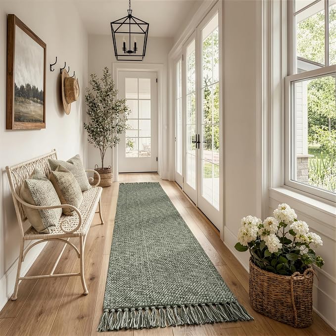 Collive Sage Green Kitchen Runner Rug, 2.6' x 12' Washable Modern Farmhouse Bathroom Runner Rugs, Boho Hand-Woven Entryway Runner Rug Reversible Hallway Carpet for Laundry Bedroom Front Door Decor