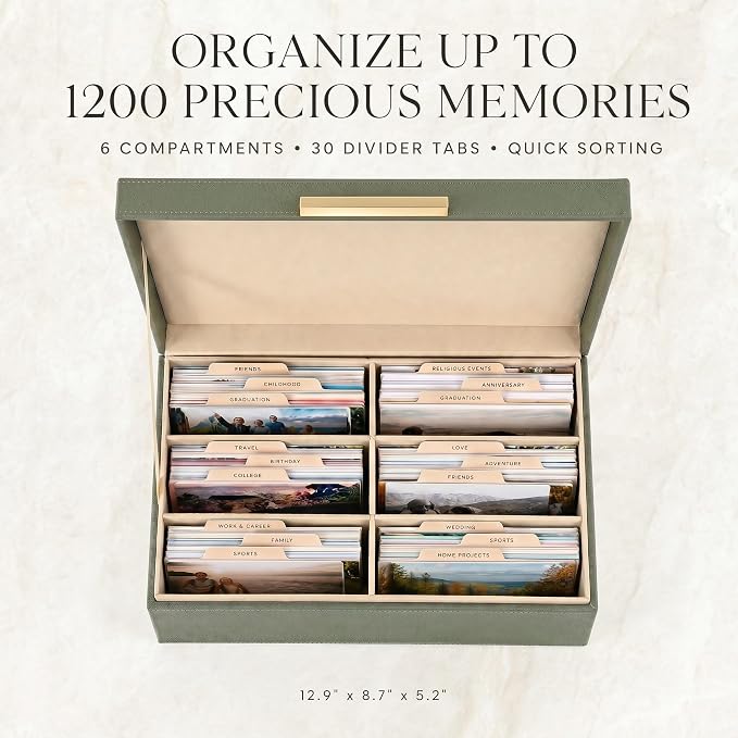 ZICOTO Decorative Photo Storage Box - Sturdy PU Leather Photo Organizer with Dividers is Perfect to Store Up to 1200 Pictures and 4x6 Photos - Portable Scrapbook Storage Containers with Lid