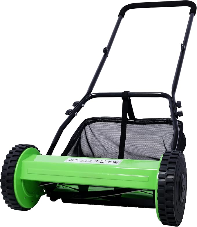 KEIKI 14-Inch Manual Lawn Mower, Push Reel Mowers w/Grass Catcher & Adjustable Cutting Height, 2-Wheels Small Lawnmower with 5 Steel Blades for Graden, Spaces Saving & Easy Assembly, Green