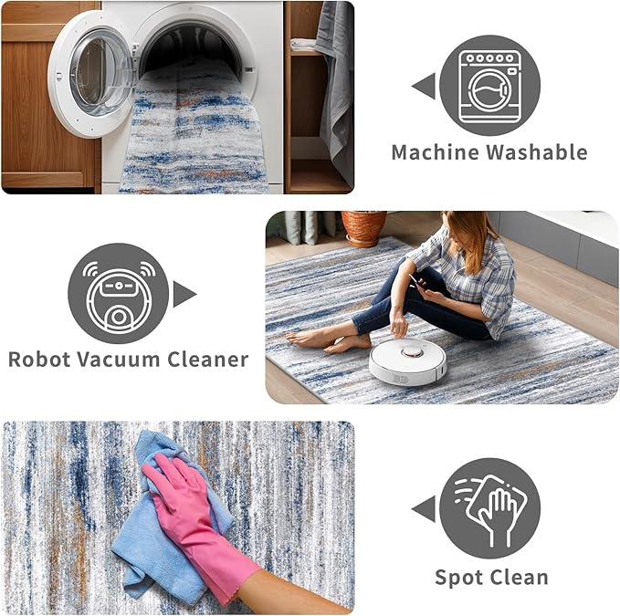 3x15 Washable Runner Rug for Hallway: Extra Long Runners for Entryway Living Room Dining Room - Stain and Water Resistant Rugs with Non-Slip Backing - Soft Low-Pile Carpet Navy Grey