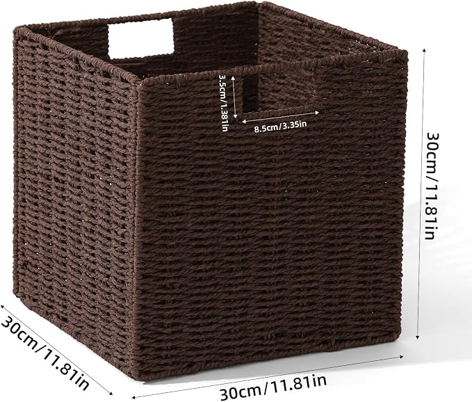 Set of 2 Hand-Woven Paper Rope Wicker Baskets, Storage Basket, Foldable Cube Storage Bins, Brown Storage Cubes, Square Baskets for Organizing Shelves Decor, 12x12x12in