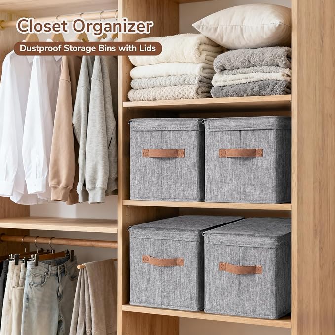CHICVITA 4-Pack Medium Fabric Storage Bins with Lids for Closet,Grey | 15" x 9.8" x 10.2" Closet Storage Bins with Durable Support Plate, Toy Storage with Handles for Playroom