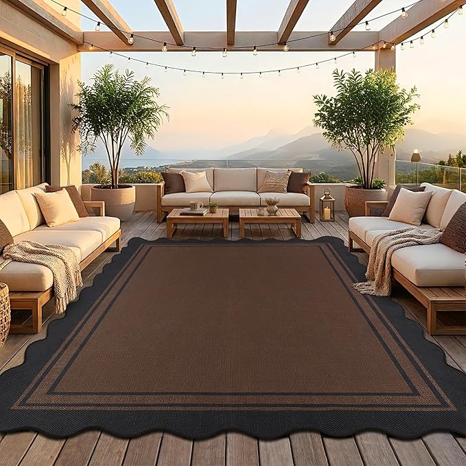8x10 Scalloped Rug Easy Jute Washable Rug for Living Room Indoor Outdoor Black Brown Geometric Non Slip Carpet for Under Table Neutral Carpet for Backyard Patio Dining Room