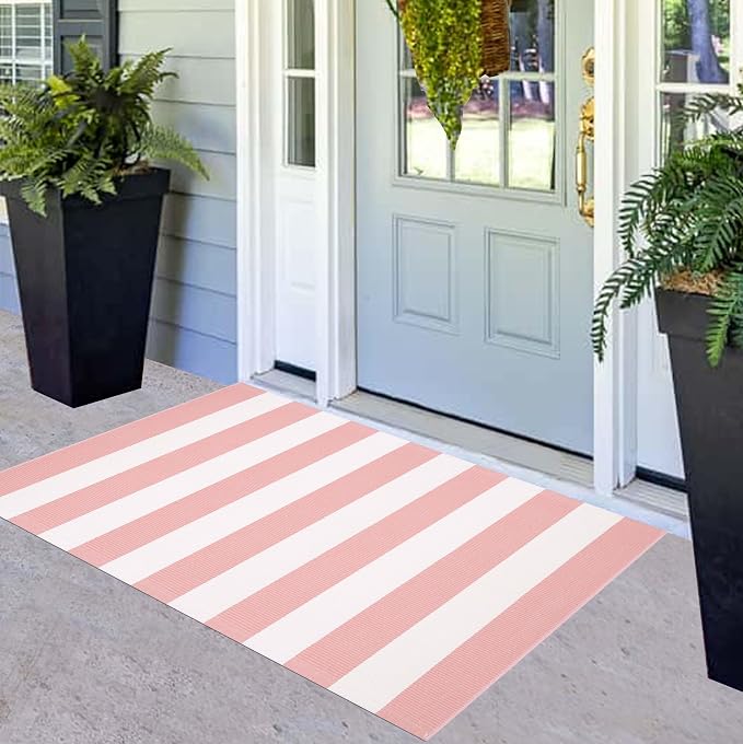 Front Door Mat 24"x51",Pink and White Striped Layered Doormat Cotton Woven Washable Indoor Outdoor Porch Rug Farmhouse Small Area Rug for Porch/Entryway/Home Entrance Decor