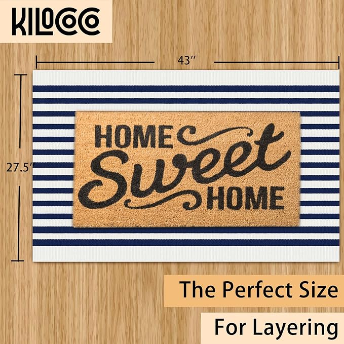 KILOCOCO Blue and White Striped Rug 2.3'x3.6' Washable Front Door Mat | Indoor Outdoor Rugs, Cotton Striped Layered Doormats, Low Pile Front Porch Rug, Woven Mat for Independence Day Decor