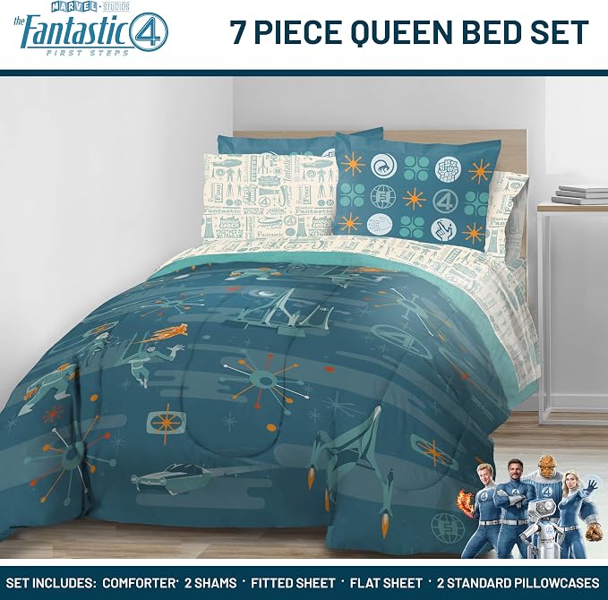 Marvel Fantastic Four Queen Comforter Set 7 Piece Superhero Bedding, Blue | Bed in a Bag, Comforter Sheets Shams Pillowcases, Official Product, Soft Microfiber, Machine Washable, Kids Gift