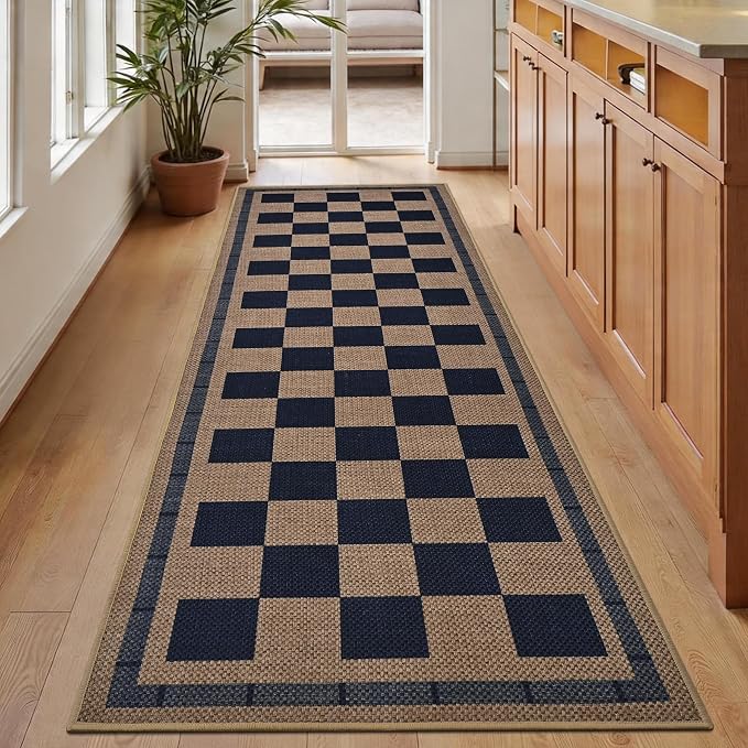 Vasofe 2x6 Jute Checkered Rugs, Outdoor Runner, Runner Carpet for Hallway | Washable PatPorch Balcony Runner Rug Indoor Bedroom Kitchen Laundry Mat, Non Slip Plaid Farmhouse Carpets, Navy and Brown