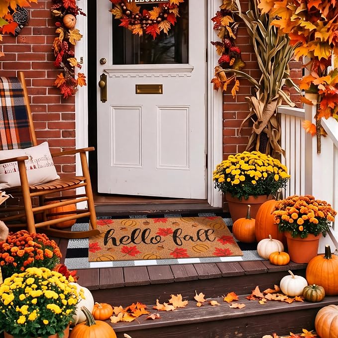 Moucuny 2 Pcs Fall Coir Doormat Outdoor Hello Fall Welcome Mat Layered Black and White Buffalo Plaid Rug for Autumn Front Porch Entryway Entrance Decor, 24'' x 35'', 16'' x 28''