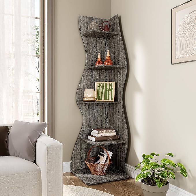 LITTLE TREE 70-Inch Corner Shelf, Seaweed Shaped Etagere Display Bookshelf, Freestanding 5-Tier Wall Shelves for Small Spaces, Living Room, Bedroom, Grey, 2 Pack