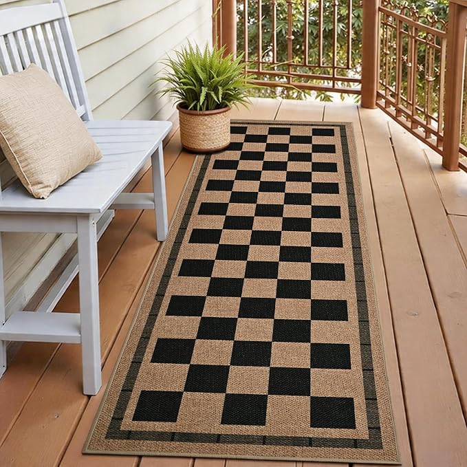 2.5x8 Jute Checkered Runner Rugs, Outdoor Runner Rug, Hallway Runner Rug | Washable Patio Porch Balcony Runners Indoor Bedroom Kitchen Laundry Mat, Non Slip Plaid Farmhouse Carpet, Black and Brown