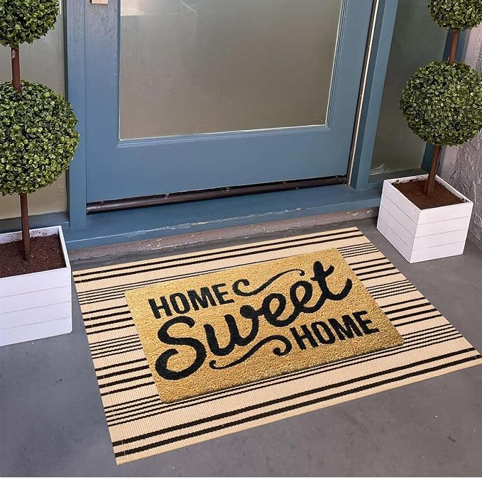 Front Outdoor Door Mat 2'x3',Tan Black Striped Outdoor Rug Machine Washable Cotton Layered Door Mat Entryway Throw Rug for Indoor Entrance