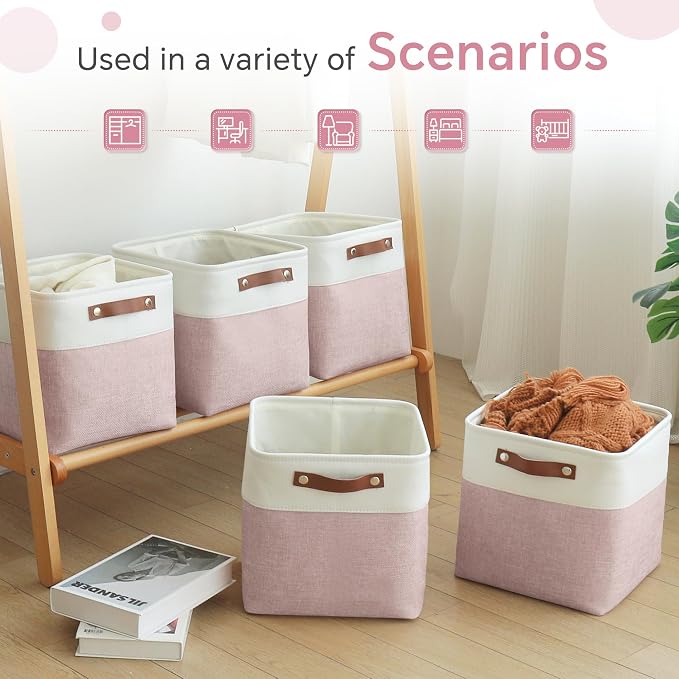 FinishingBo 11 inch Cube Storage Bin 6 Pack, Cube Organizer Bins | Fabric Storage Bins With Handles, 11x11 Storage Cubes, Shelf Basket, White Pink