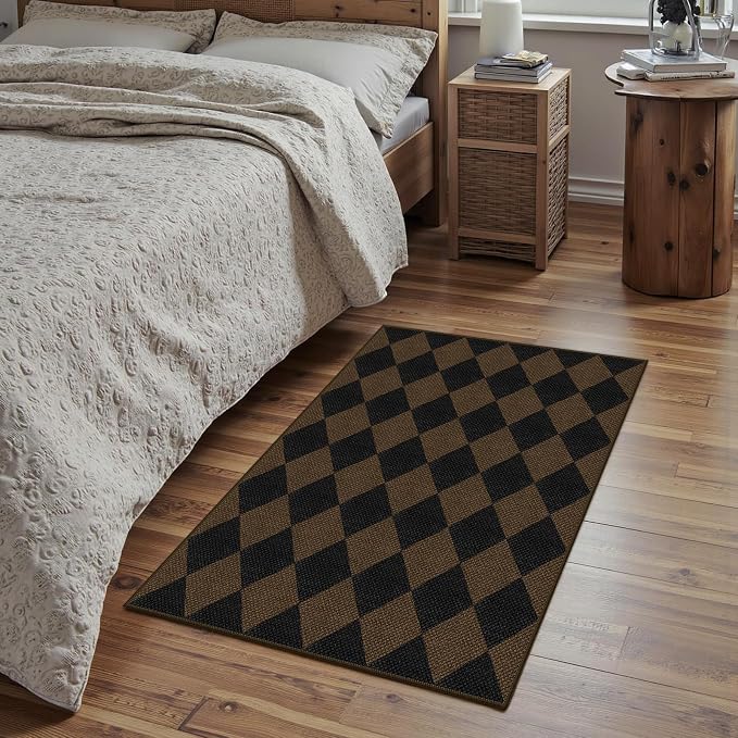 Rugalia Easy Jute Checkered Entryway Rug, 2x3 Coffee Modern Indoor Outdoor Doormat, Washable Non-Slip Neutral Small Kitchen Rug Farmhouse Diamond Throw Rugs for Entrance Bedroom Bathroom