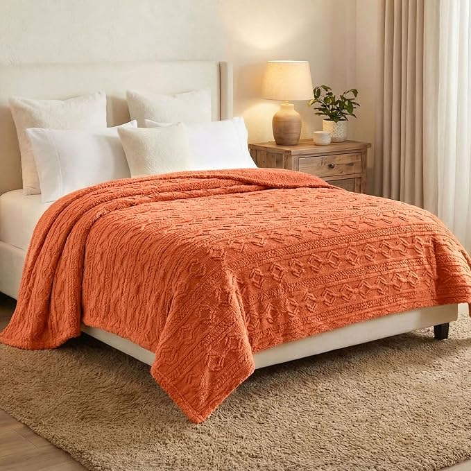Superior Fleece Boho Jacquard Blanket, Decorative Blankets for Bedroom, Sofa, Fuzzy, Plush, Fluffy, Soft, Cute Room Decor, Beautiful Cover, Comfort Essentials, Arctic Collection, King, Dusty Orange