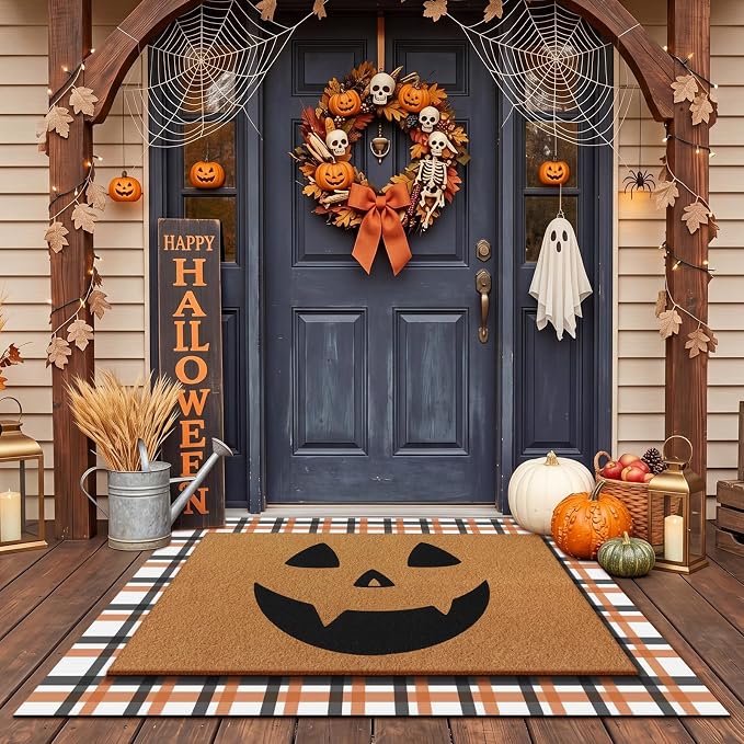 Tinideya 2 Pcs Door Mat Welcome Non Slip Coir Mats Floor Layering Doormats Seasonal for Front Porch Entryway Decor(23.6 x 35.4 Inches,Halloween,Orange, Black)