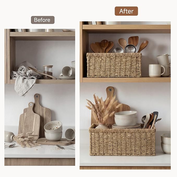 StorageWorks Wicker Storage Baskets,Natural Seagrass Storage Baskets,2-Pack | Seagrass Baskets for Storage,Seagrass Woven Storage Baskets with Built-i Handles,Decorative Woven Baskets for Storage