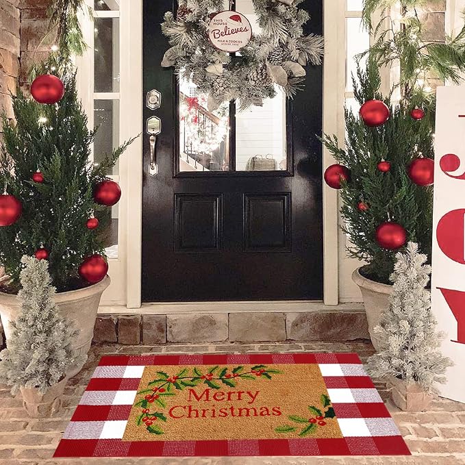 Christmas Red and White Plaid Rug, 28 x 43 Inches Cotton Hand-Woven Layered Door Mat for Front Porch, Entryway, Outdoor Holiday Decor, Washable Buffalo Check Rug for Home, Patio, Kitchen