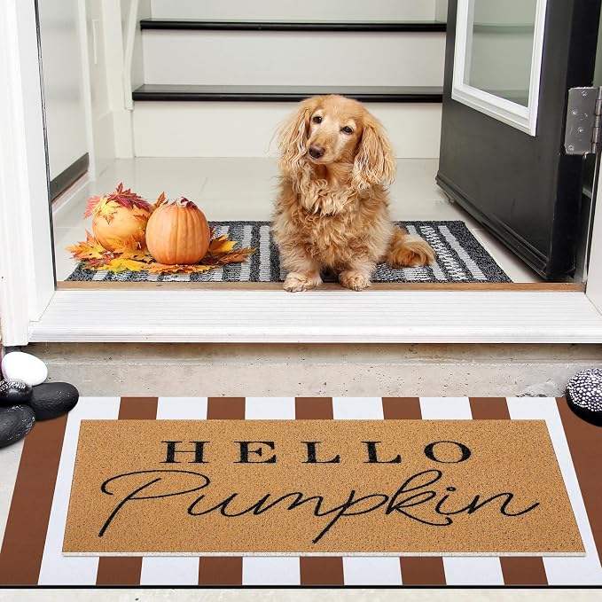 Tinideya 2 Pcs Fall Layered Doormats, Hello Pumpkin Welcome Mats | Front Porch Entryway Decor, Layering Doormats Seasonal, Non Slip