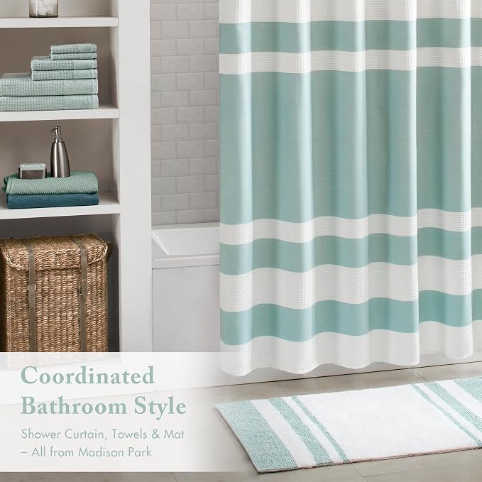 Madison Park Reversible Spa Cotton Bath Rug 100%-Cotton Striped Ultra Soft Water Absorbent, Fast Drying, Bath-Mats, Non-Slip Absorbent Quick Dry Mats for Tub, Shower Room, and Bathroom, 27x45, Aqua | Quick Dry, Ultra Soft, Pile, Machine Washable, Plush...