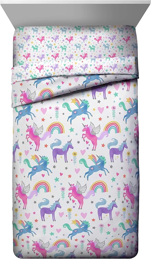 Trend Collector Twin Comforter Set 4 Piece Kids Unicorn Bedding, White | Bed in a Bag, Comforter Sheets Pillowcase, Official Product, Soft Microfiber, Machine Washable, Easy Care, Girls Gift