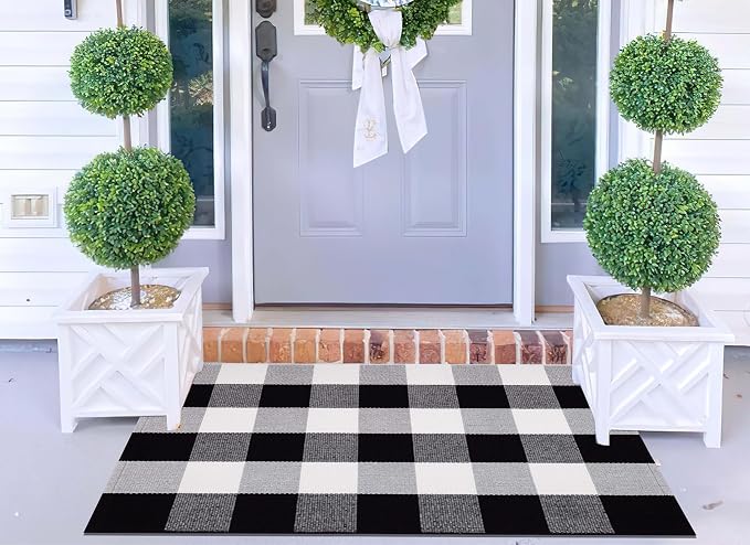 Buffalo Plaid Door Mats Outdoor 24''X35'' Black and White Layered Doormat Cotton Woven Washable Halloween Porch Mat for Welcome Door Mat Entryway Bedroom Living Room